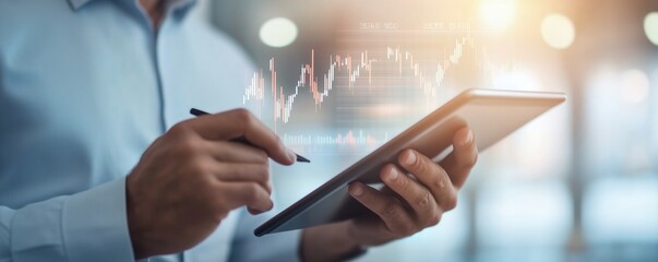 A business professional analyzing data trends on a tablet, showcasing modern technology and financial insight.