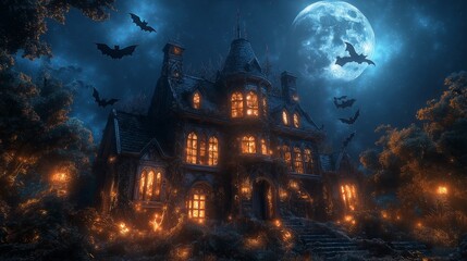 Eerie Manor with Full Moon Glow