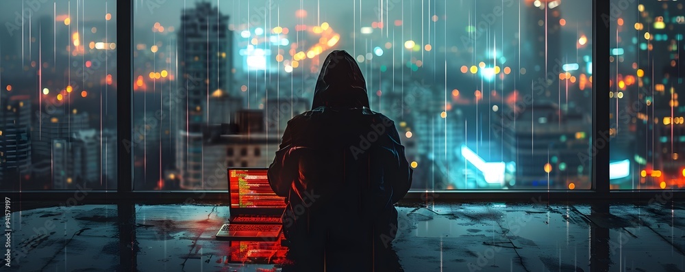Poster hacker coding in minimalist workspace overlooking glowing cityscape at night