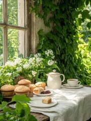 A rustic outdoor breakfast table set with freshly baked muffins, homemade jam, and a pot of coffee, surrounded by lush greenery, morning breakfast, natural and inviting