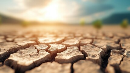 Fototapeta premium A close-up view of cracked earth under a bright sky, symbolizing drought and environmental challenges, with plants emerging.