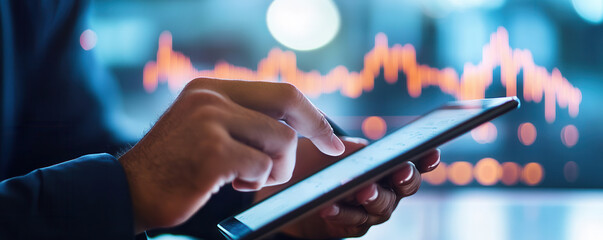 A close-up view of a hand using a tablet, with data visualization in the background representing technology and communication trends.