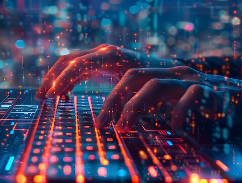 Hacker Typing on Holographic Keyboard with Futuristic Cityscape in Background Cybersecurity and Digital Transformation Concept