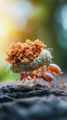 Obraz premium A close-up of an ant carrying a unique nest made from natural materials, showcasing teamwork and industriousness in nature.