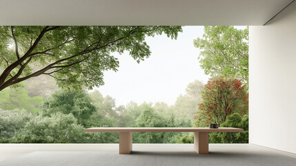 Fototapeta premium a foto of image a minimalist table, carpet surface, a left side big window, on natural light.