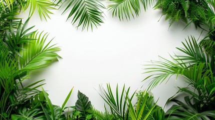 Elegant Business Frame with Green Tropical Leaves on a Clean White Background for Professional Presentations and Marketing