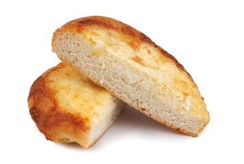 Khachapuri. Bun with cheese cut in half isolated on white background.