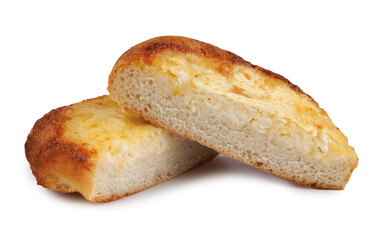 Khachapuri. Bun with cheese cut in half isolated on white background.