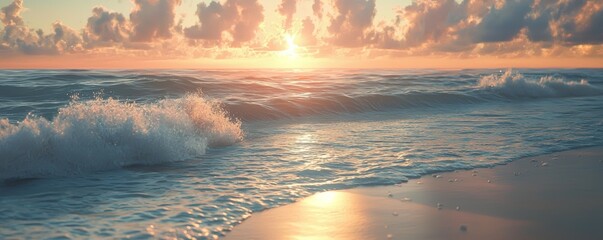 Stunning Sandy Beach at Sunset with Gentle Waves and Vibrant Sky
