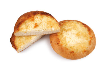Khachapuri. Cut in half and whole bun with cheese isolated on white background.Cheese pie.