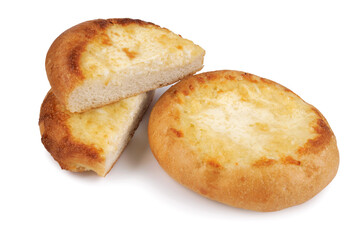Khachapuri. Cut in half and whole bun with cheese isolated on white background.Cheese pie.