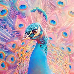 Obraz premium Beautiful peacock with vibrant feathers, perfect pastel tone, whimsical style, high resolution, professional create, very detailed, high quality