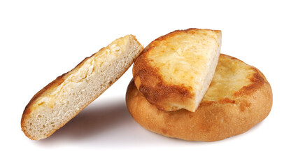 Khachapuri. Cut in half and whole bun with cheese isolated on white background.Cheese pie.