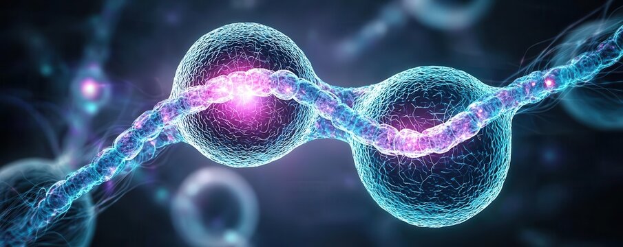 3D rendering of a cell during mitosis, chromosomes clearly visible, neon colors, digital microscopy, cell division, chromosome alignment