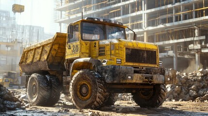 Obraz premium A rugged yellow dump truck positioned at a construction site, surrounded by debris and machinery, highlighting industrial work.