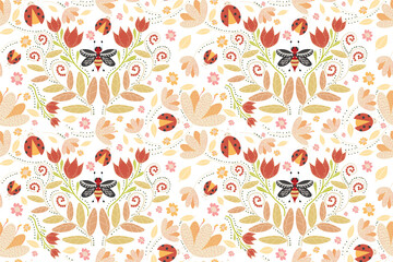 bee with floral seamless pattern