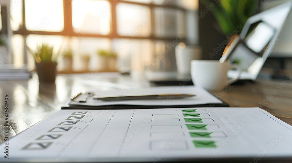Poster closeup of business objectives document with completed goals and green check marks