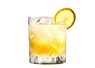 Refreshing yellow cocktail served in a rocks glass with ice and a lemon slice isolate on transparent background, cutout, png
