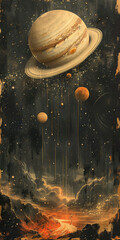 a very close up view of saturn with other planets, in the style of dark gray and light gold, layered imagery with subtle irony
