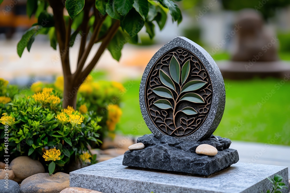 Aufkleber a minimalist tombstone design with abstract carvings, set against a smooth marble backdrop, creating