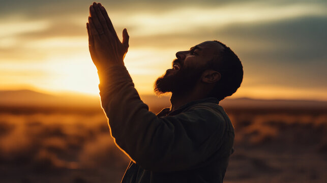 A man is praying in the desert with his hands raised