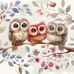 Fototapeta premium Cute owls perched on a tree branch, perfect pastel tone, whimsical style, high resolution, professional create, very detailed, high quality