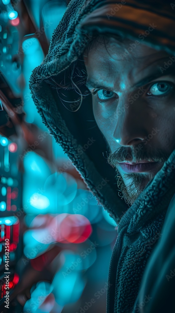 Aufkleber intense cyber hacker infiltrating government digital system with futuristic ui interface