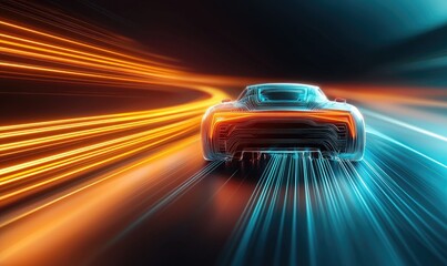 A futuristic car features sleek lines and vibrant light trails, evoking speed and innovation on a dynamic road.