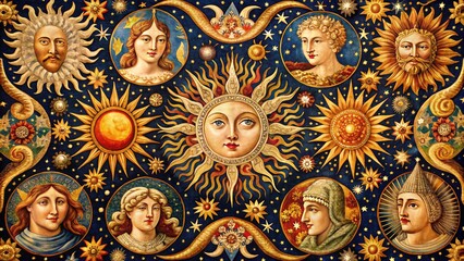 Celestial Tapestry: Woven textures, intricate patterns, shimmering threads, celestial bodies or mythological scenes rendered in textile form.