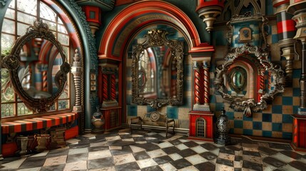 Obraz premium Vibrant 3D Gallery with Colorful Frames and Intricate Architectural Details in a Modern Artistic Setting