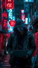 Hacker in Dark Alley with Illuminated Laptop Neon Signs Overhead Cybercrime Concept