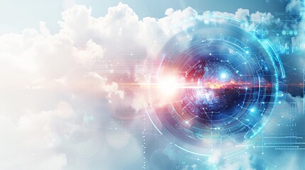 Fototapeta premium Innovative Cloud Computing Frame Border Background with Futuristic Digital Elements and Bright Sky