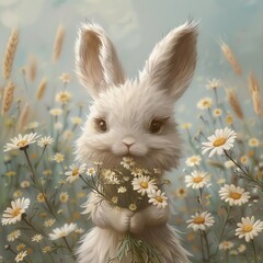 Obraz premium Fluffy bunny with a bouquet of daisies, perfect pastel tone, whimsical style, high resolution, professional create, very detailed, high quality