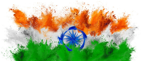 colorful flag of india with orange white green an blue color holi paint powder explosion isolated white background. indian  national asian travel and tourism concept.