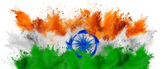colorful flag of india with orange white green an blue color holi paint powder explosion isolated white background. indian  national asian travel and tourism concept. © stockphoto-graf