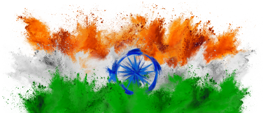 colorful flag of india with orange white green an blue color holi paint powder explosion isolated white background. indian  national asian travel and tourism concept.
