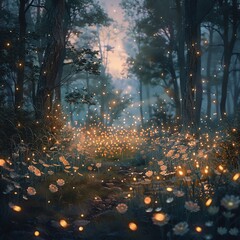 Glowing fireflies in a magical forest, perfect pastel tone, whimsical style, high resolution, professional create, very detailed, high quality