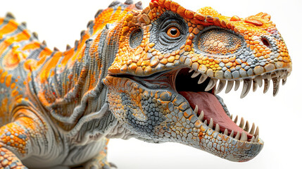 Fototapeta premium A highly detailed close-up of a dinosaur, showing its fierce expression and textured scales in vibrant orange and gray