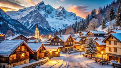 Fototapeta premium Charming alpine village surrounded by snow-capped mountains, adorned with twinkling lights, rustic wooden buildings, and cobblestone streets, evoking a cozy winter wonderland atmosphere.