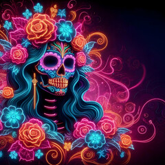 Neon Catrina Figure with Glowing Floral Elements concept as A digital artwork featuring a neon Catrina figure adorned with glowing floral elements set against an abstract background with swirling patt