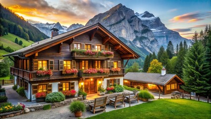 Obraz premium Charming Swiss Lodge: Rustic elegance, cozy ambiance, mountain views, warm colors, wooden accents