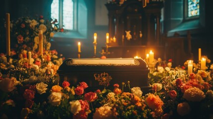 A Moment of Reverence: A solitary coffin rests amidst a sea of vibrant flowers and flickering candlelight, casting a somber yet beautiful glow on the scene. The image evokes a sense of peace