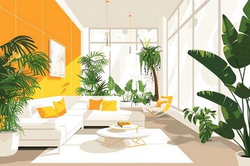 Fototapeta premium airy and spacious living room or lounge, white and yellow colored furniture, fresh plants, big windows, luxury apartments. High quality illustration