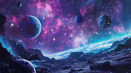 Space Odyssey backdrop in bold colors: Background: Cosmic scenes with planets, stars, and spaceships.