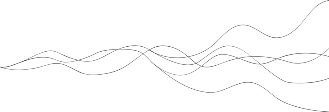 Thin wavy line pattern. Abstract wavy editable strokes. Simple linear design element. Black curve lines on white background. Flowing lines converging at one point. Dynamic wave motion vector Illustrat