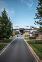 A drone flying over a town
