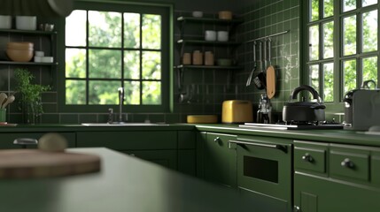 Modern Minimalist Kitchen with Green Cabinets, Open Shelving, and Natural Light