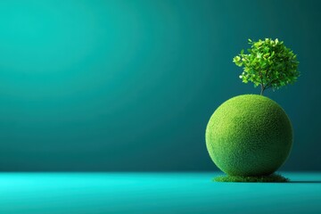 A surreal green tree growing from a spherical bush on a vibrant turquoise background, symbolizing growth and nature.