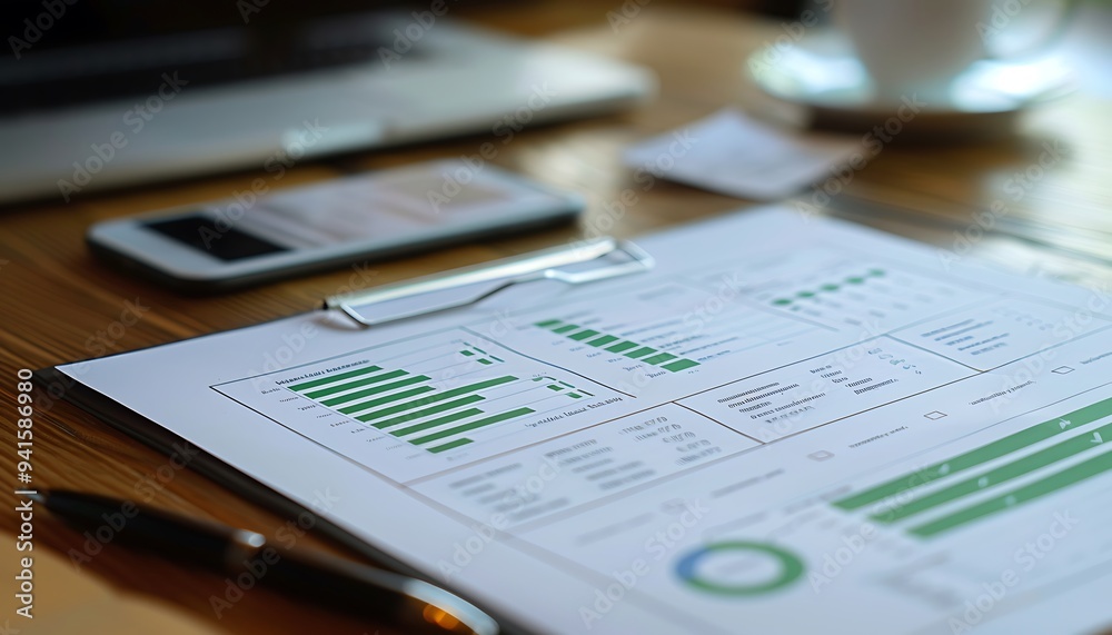 Poster closeup of printed quarterly review report with objectives ticked off and completed