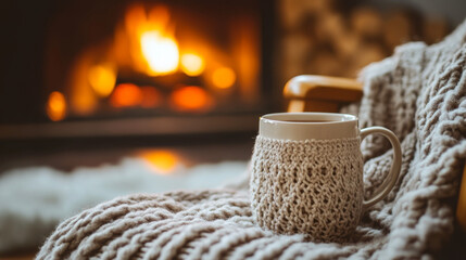 A mug of coffee is sitting on a blanket next to a fireplace